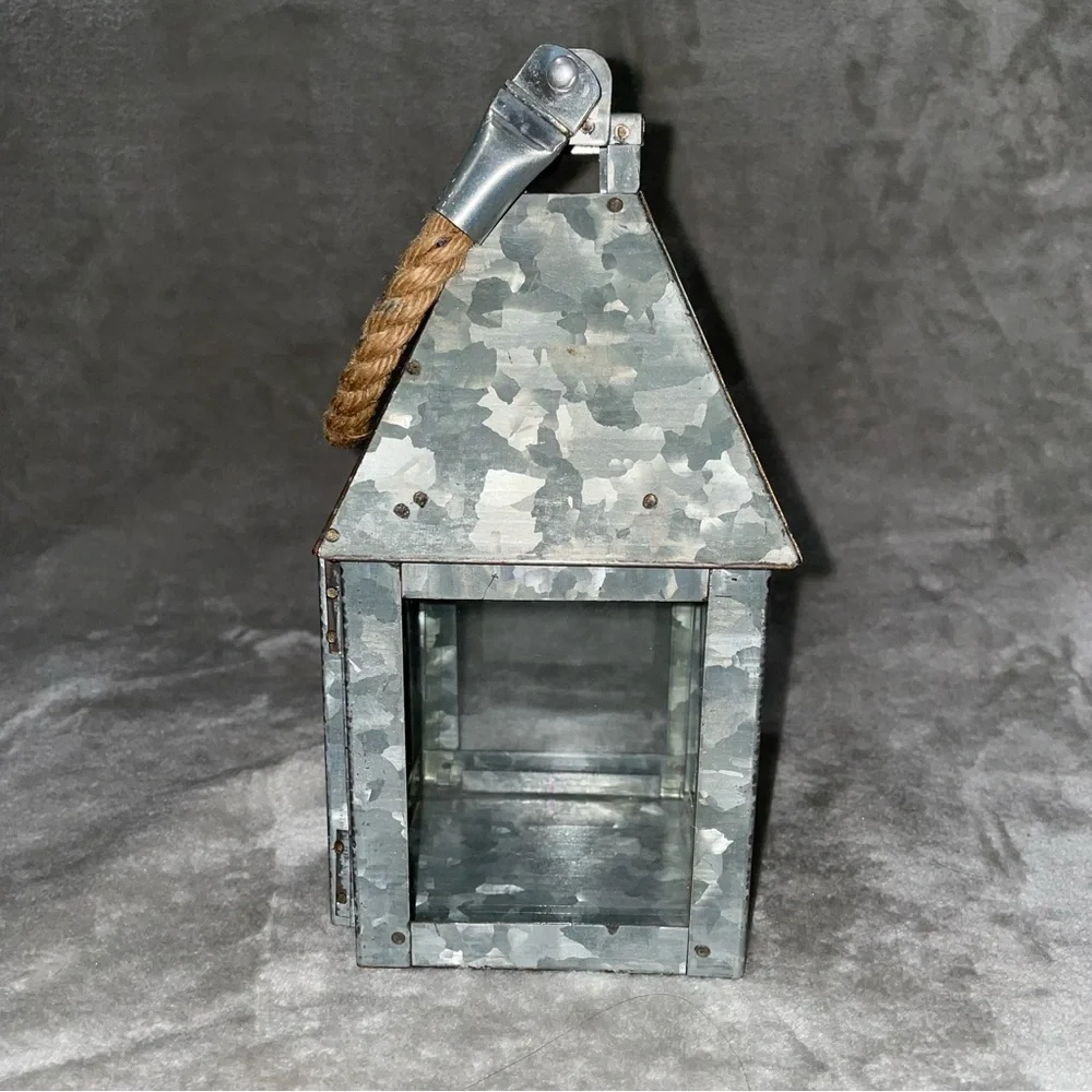 Industrial Galvanized Metal Lantern with Thick Rope Handle Gray Farmhouse Decor